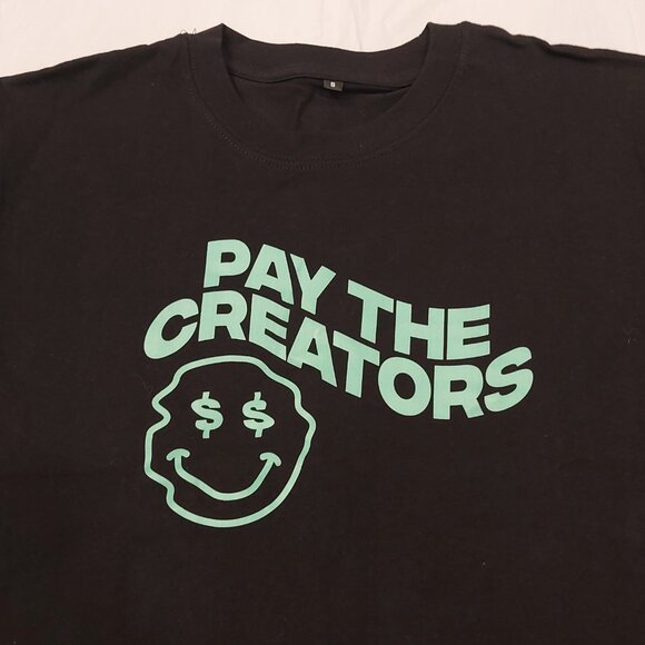 Pay The Creators Black T-Shirt - Small, Smiley Face Dollar Sign Eyes - Picture 2 of 2
